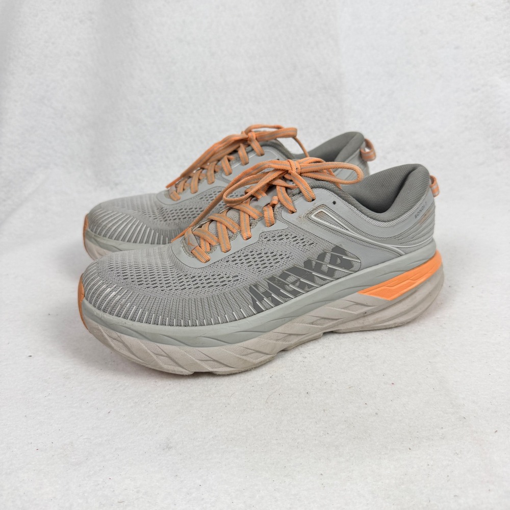 Hoka‎ Bondi 7 Running Shoes Womens 8.5 UK 7 Cushioned Road Sneakers Grey Orange